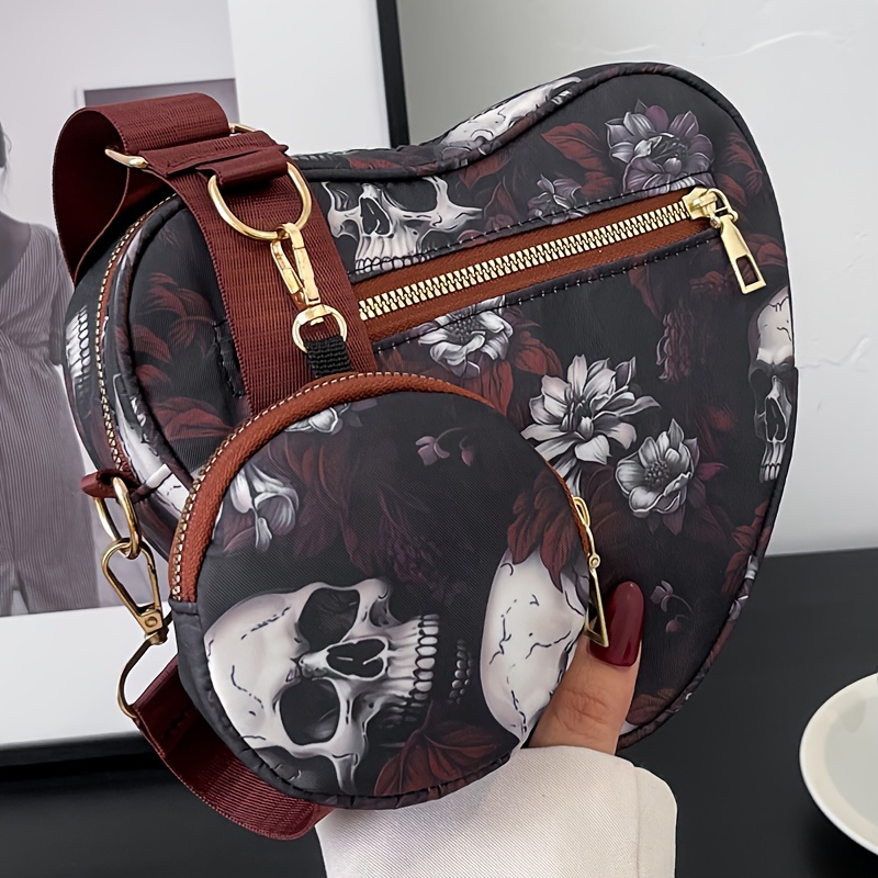 

Western Style Heart Shaped Shoulder Bag, Small Skull & Flower Pattern Crossbody Bag With Mini Hanging Purse