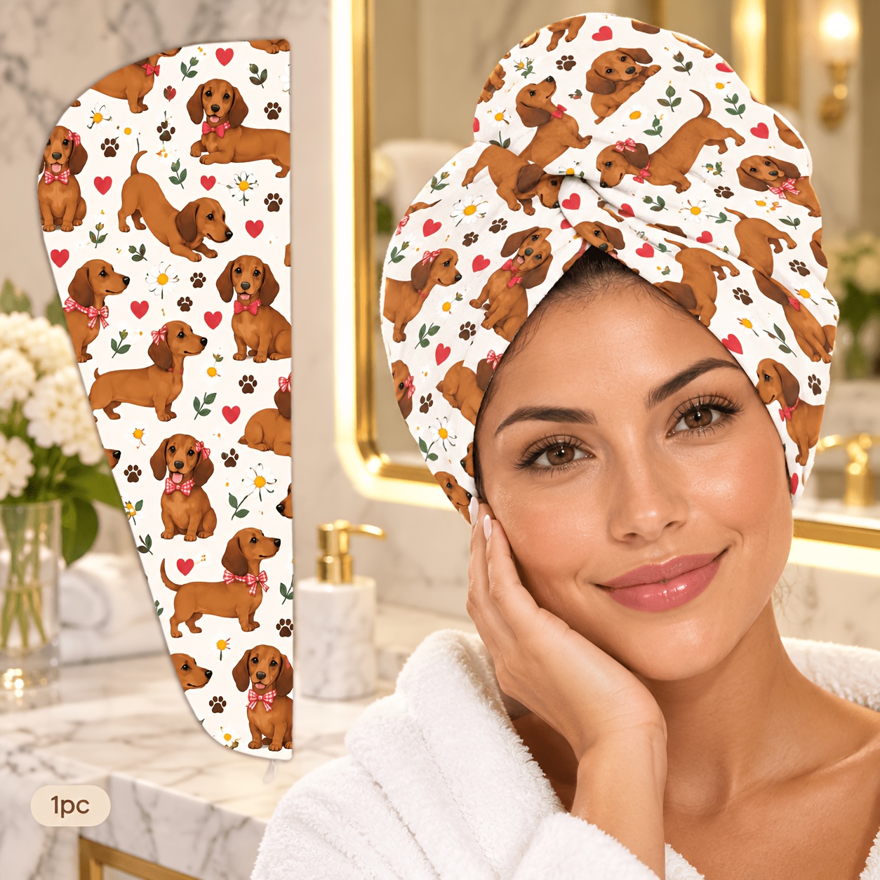 TEMU 1pc Women's Absorbent Quick-dry Hair , Soft Microfiber Dachshund Print Headband, Button-fixed Long Hair Towel, Absorbent Quick-dry Towel,