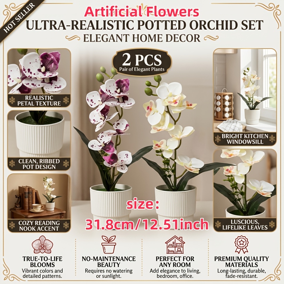TEMU 2 Sets Of Realistic Phalaenopsis Orchids (with Pots), Lifelike Artificial Orchid Potted Plants, Beautiful Orchid Flowers, Room Decor, Suitable