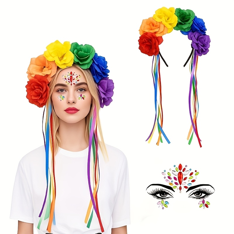 Rainbow Rose Flower Tassel Headband Dress-Up Set