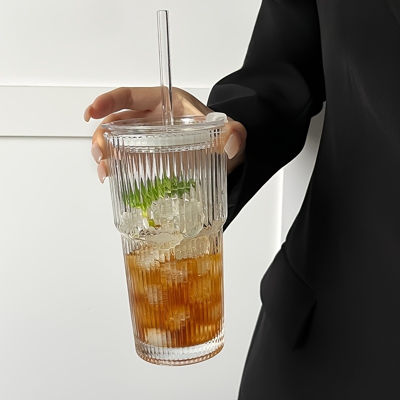 600ml striped glass cup with lid straw large capacity for coffee tea iced milk americano and latte durable stylish beverage glass coffee cup americano drinkware elegant drinkware natural drinkware Product details 0