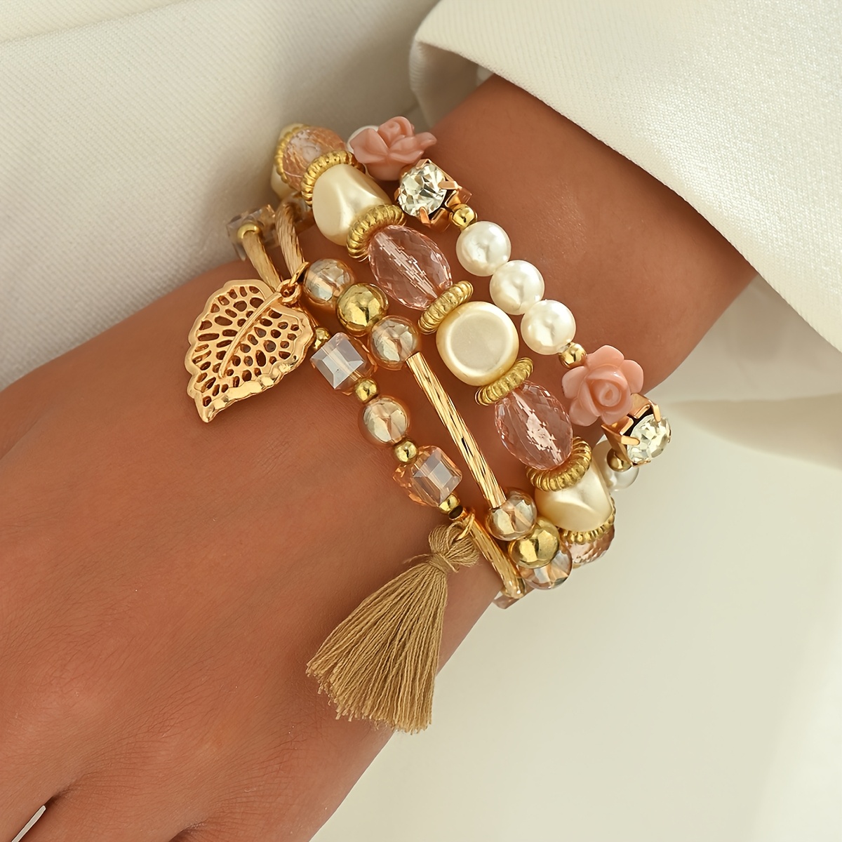 Image of 4pcs Versatile Ethnic Style Leaf Tassel Artificial Bead Bohemian Stacking Bracelet Suitable For Teenagers' Daily Vacation And Shopping