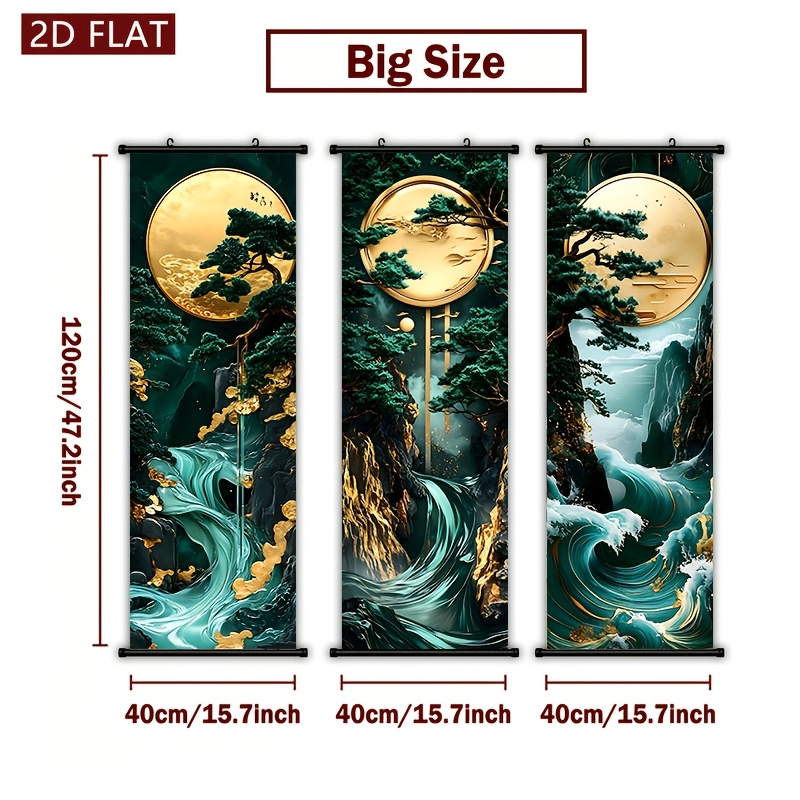 TEMU Ensemble de 3 peintures en rouleaux/planches décoratives sur le thème du paysage de pin en plastique plat 2D, oriental, pin ancien d'eau doré et