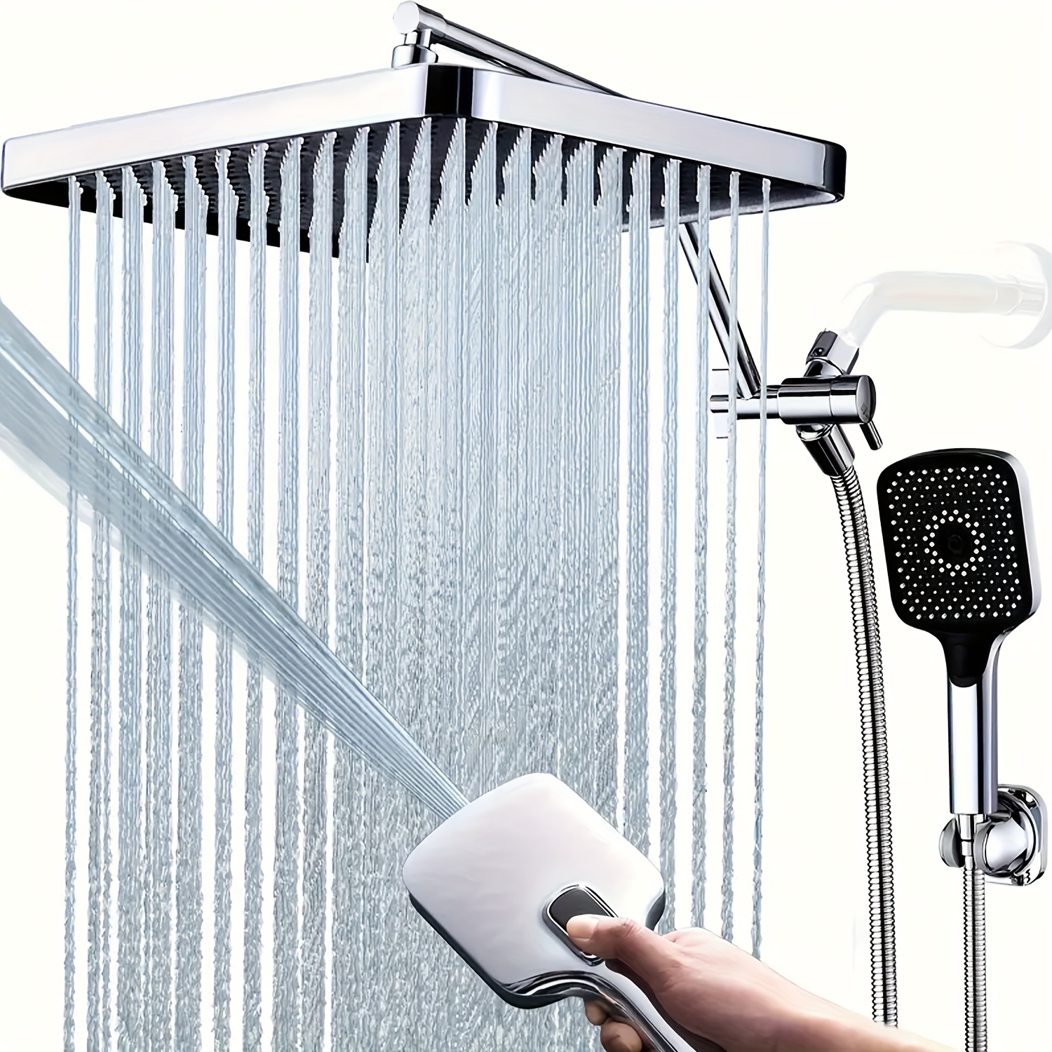 TEMU 13 Inch High Pressure /waterfall Showerhead With Handheld Showerhead Combo (3+1 Settings And Built-in Mode), Height/angle Adjustable With 4