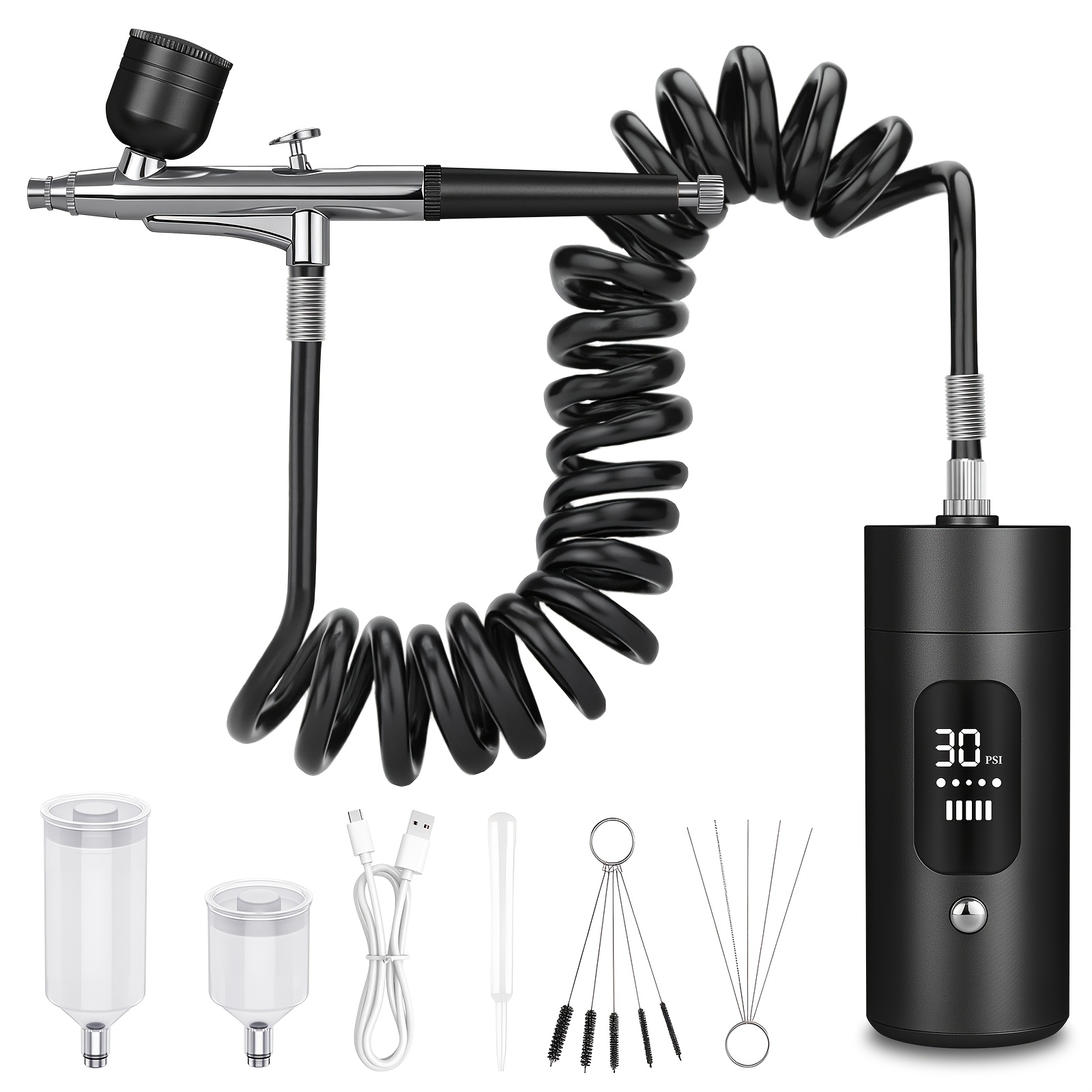 TEMU Nail Airbrush: 30 Psi Lcd Display Airbrush Kit With Compressor, 0.3mm Nozzle, Portable Rechargeable Cordless Airbrush Machine, Suitable For Nail