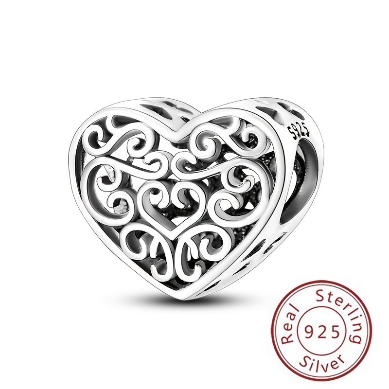 

925 Sterling Silver Heart-shaped Charm, 3g, Fits 3mm Bracelets, Luxury Women's Jewelry, Elegant Wedding Party Accessory, High-end Gift