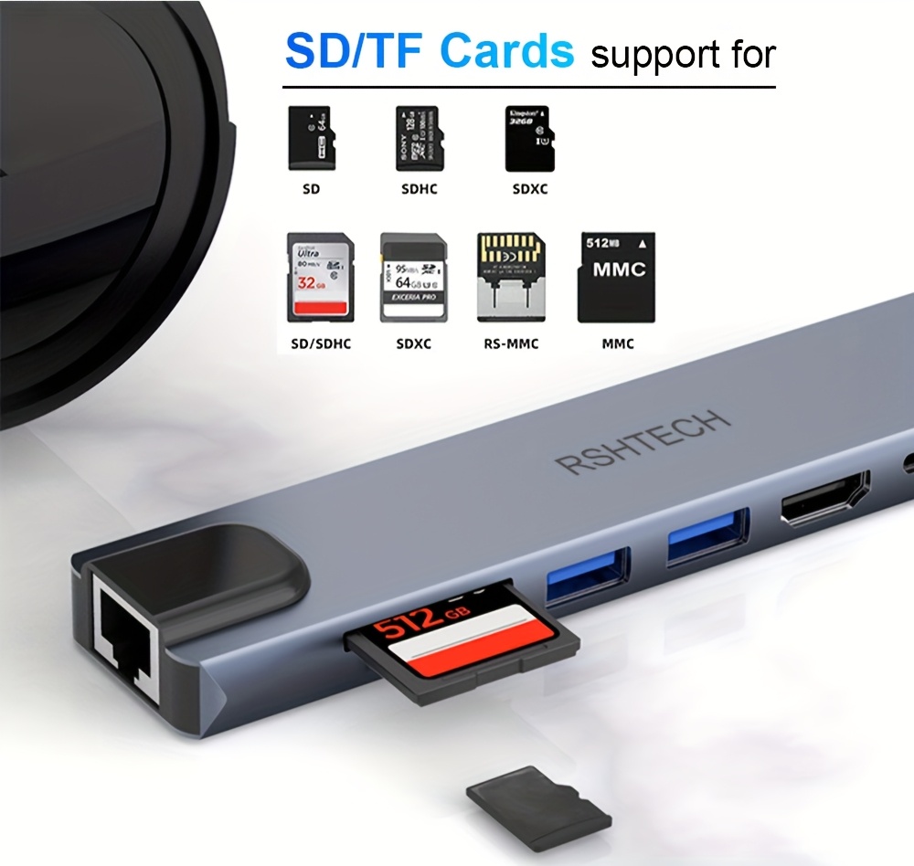 RSHTECH 8-in-1 Type C HUB Adapter - 4K HDTV, USB 3.0 5Gbps High-Speed Data Transmission, SD/TF Card Reader, RJ45 Ethernet, PD 100W USB C Docking Station for Mobile Hard Disk, Keyboard, Mouse, Digital Camera, Printer, Webcam, SD/TF Card
