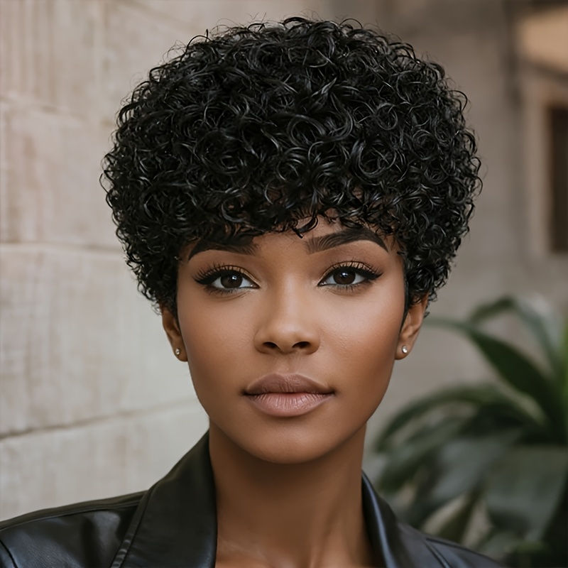 Image of Women's Wig, Brazilian Human Hair, 6 Inch Cut Curly Short Hair, Fully Machine- An Elastic Mesh Cap, Suitable For Casual Attire Or Parties