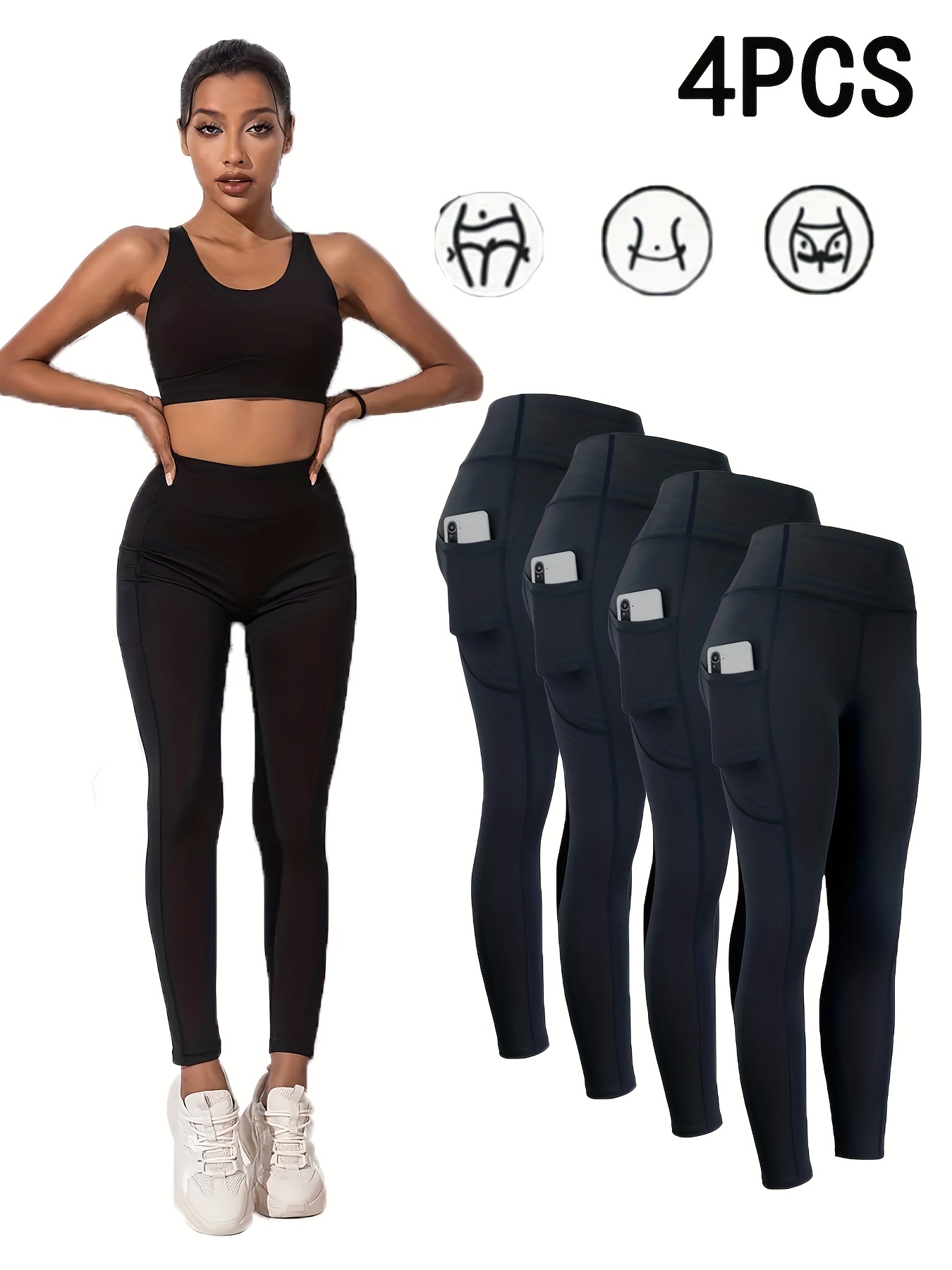 item picture 4pcs leggings with m shaped seam   lifting compression tights with side pocket for phone   fit