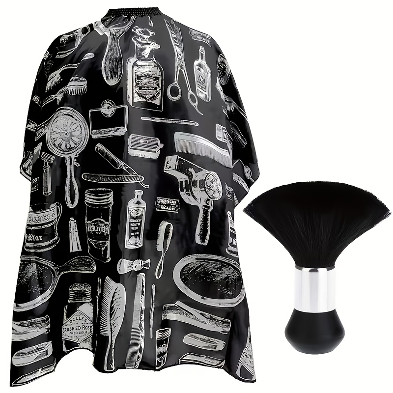 TEMU Professional Barber Cape With Dust Brush - Stylish Black & White Pattern, Durable Polyester, Perfect For Salon Haircuts & Styling, Adult Hair