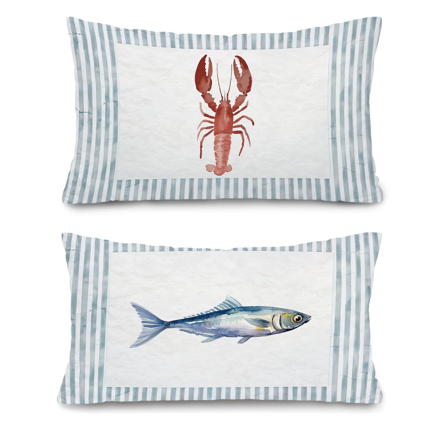 TEMU Lot de 2 housses de coussin lombaires décoratives à rayures bleues style préppy, sardine et , thème plage côtière rétro océanique, pour maison,
