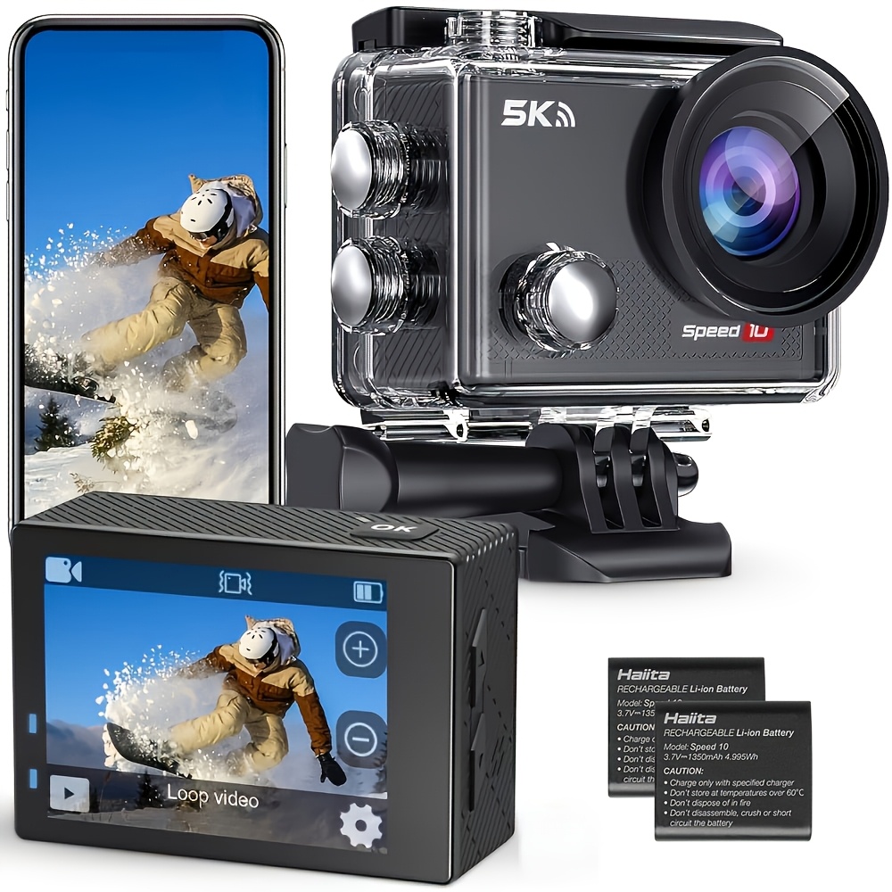 Image of 1pc 5k Sports Camera | Display With Wi-fi Function, Photography And Video , 2 Batteries, Charging Box, Suitable For Cycling, Rock Climbing, Swimming, Skiing