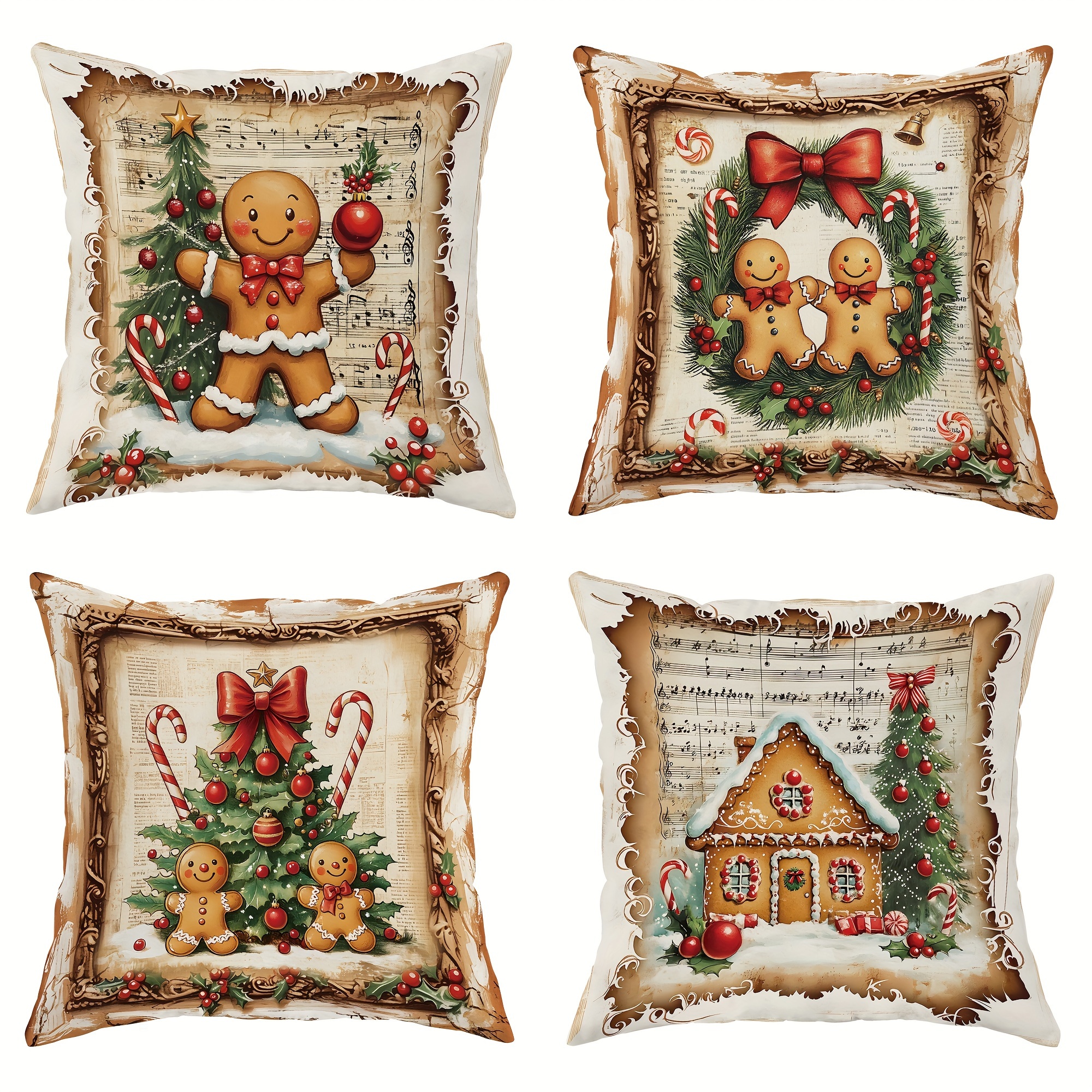 

4pcs Christmas Decorations Wreath Red Decorative Pillowcases 1 18in*18in For Christmas Sofa Bed Decor Inserts