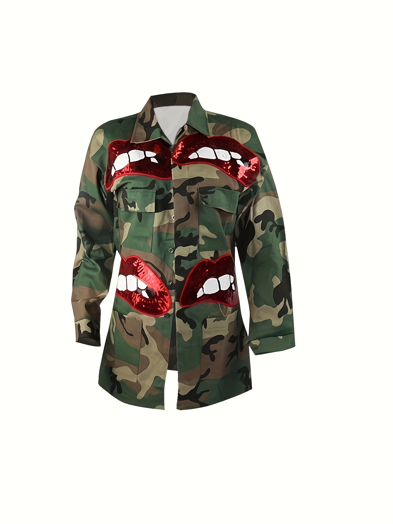 2024 Spring New Women's Casual Camouflage Jacket with Sequin Red Lips  Design *-Length Button-Front Jacket, Machine Washable Regular *-Season
