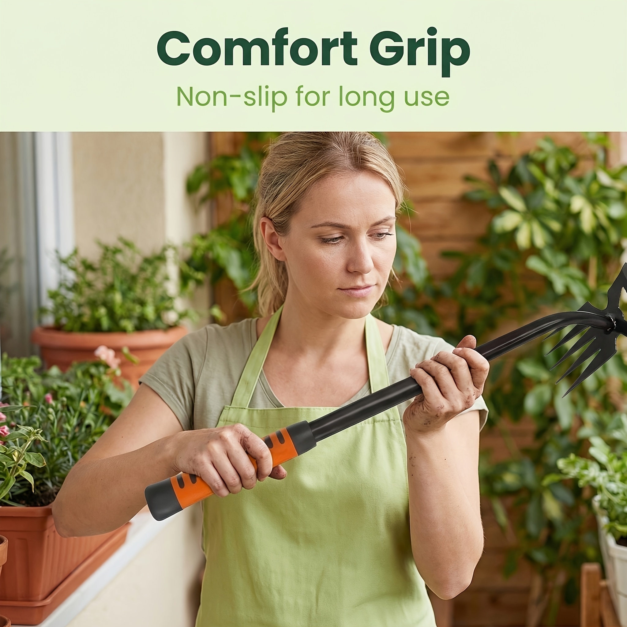5 tooth manual weeding rake made of heavy duty   steel featuring an ergonomic orange handle and a portable root cleaning design suitable for gardens yards   and lawn care sturdy and durable with a comfortable grip