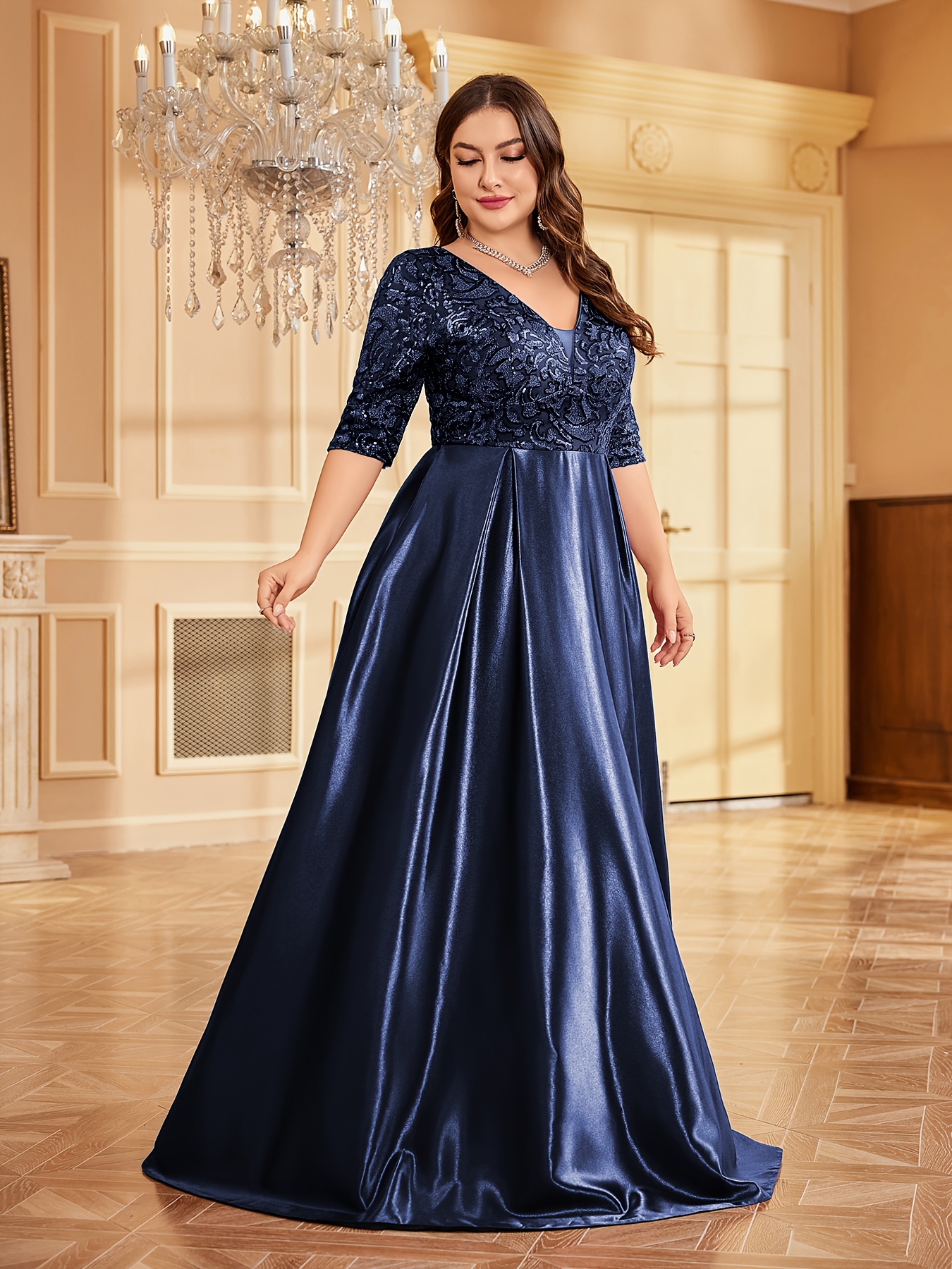 A Solid Color Long Dress for Women Featuring a *-Sleeve Design with Sequin 