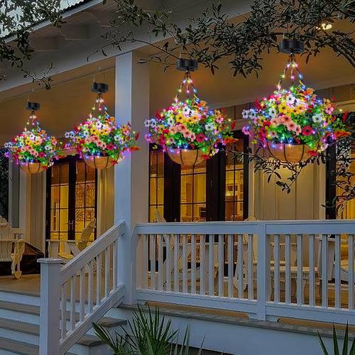 solar hanging lights 1pack solar flower basket lights hanging plants with solar lights solar flower lights with artificial flowers multi color for garden patio lawn decorative lights