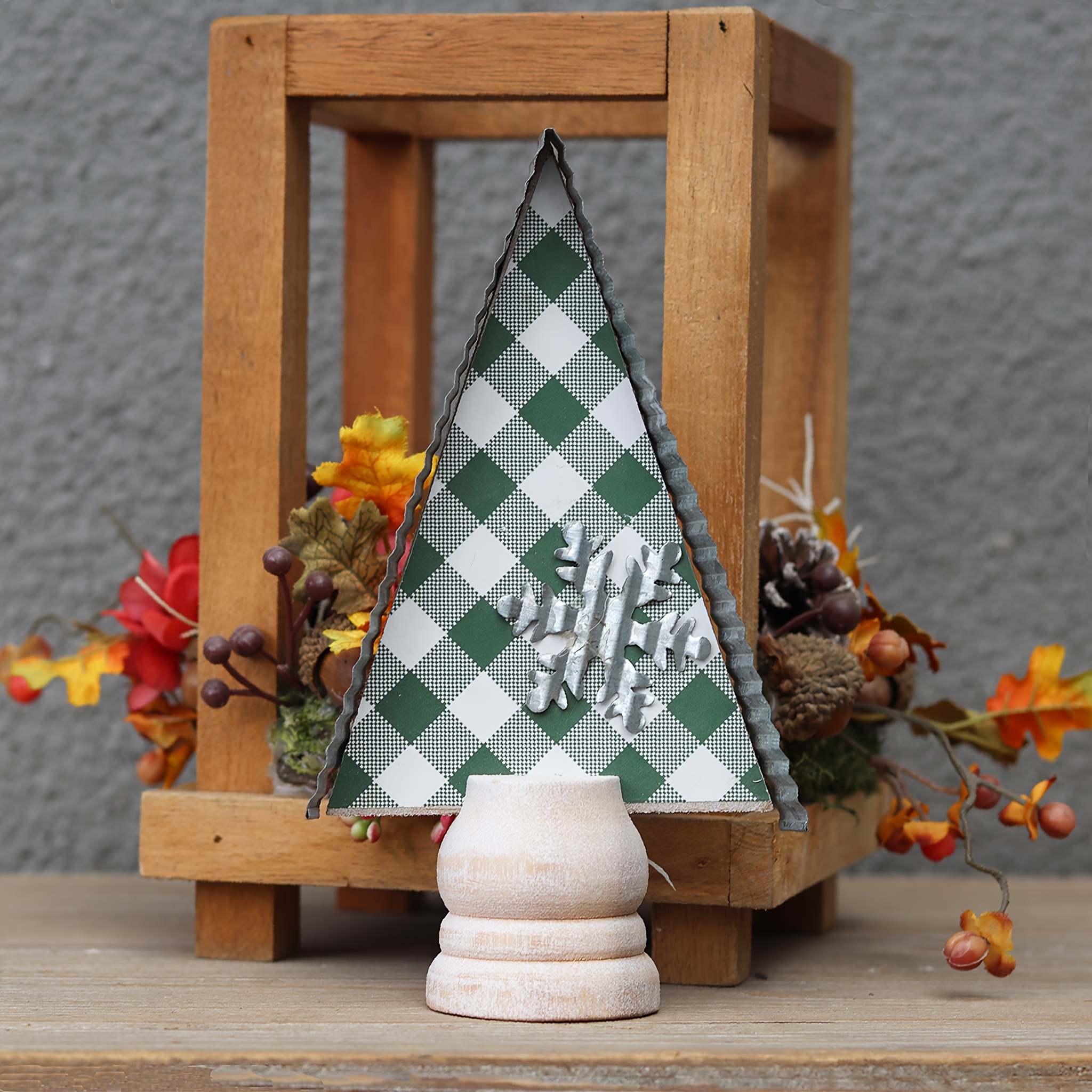 

Mini Christmas Tree Shape Tabletop Decor, Wood And Galvanized Metal Xmas Ornaments With Cutout Metal Snowflake, Green And White Plaid Background