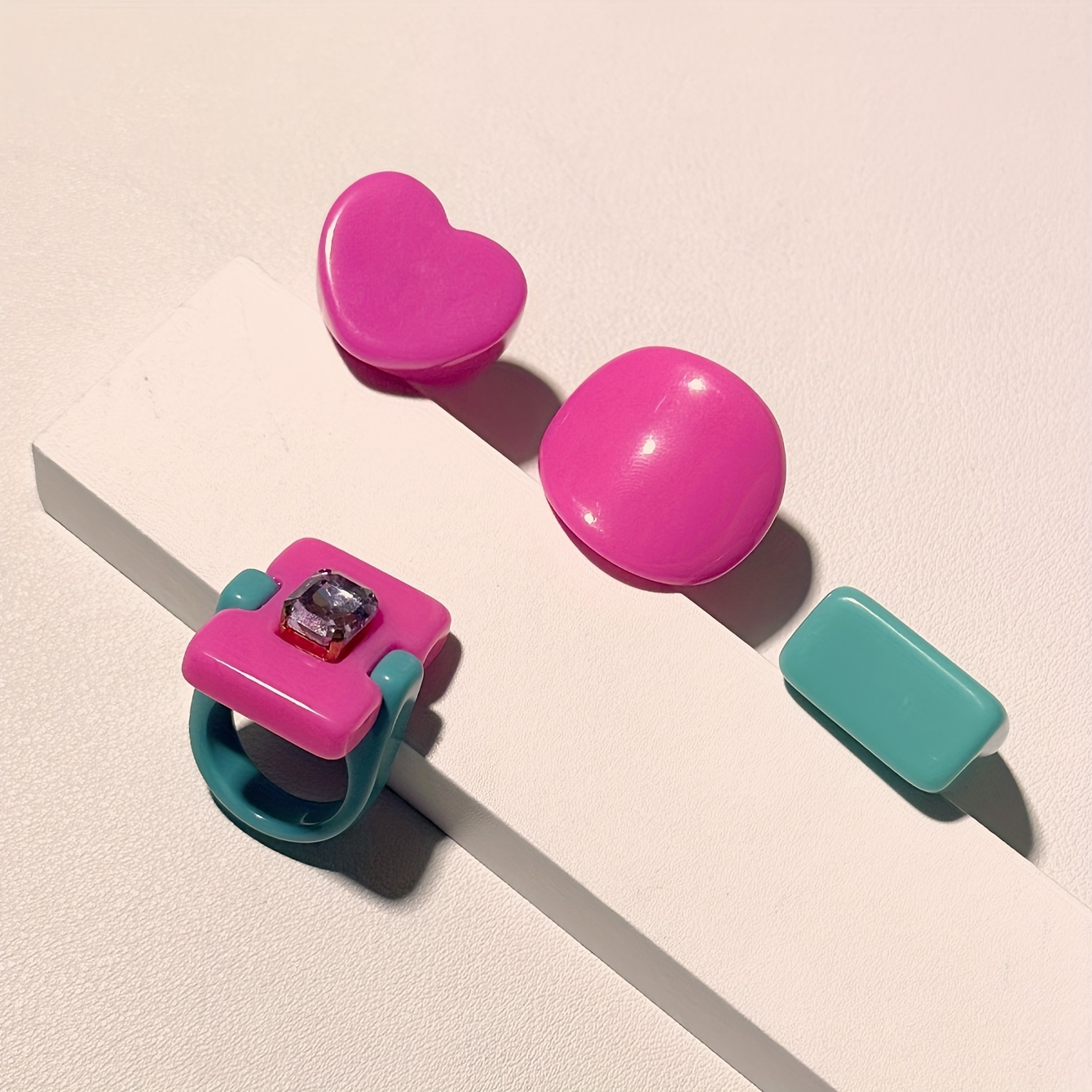 4pc Cute Pink Resin Ring Set for Women, Daily Matching