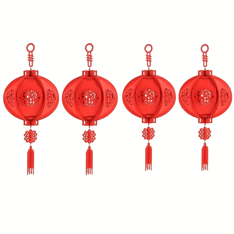 

4-pack Chinese Red Lanterns, Lunar New Year Decorations, 2025 Celebrations, Freestanding Red Lanterns With Charm Pendants, No Electricity Needed, Featherless, For Wedding And Banquet Decor