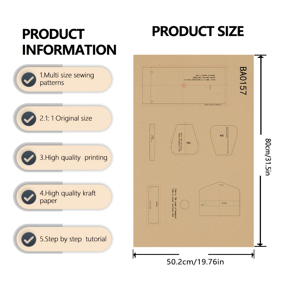 TEMU Patron de couture de sac à main style câblé beige, papier taille réelle 1:1 avec impression HD, inclut des instructions papier par , convivial