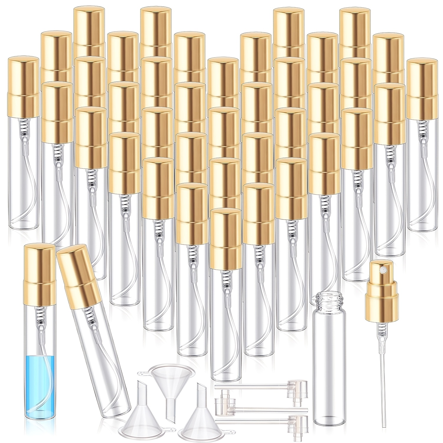 TEMU 56 pièces Mini Flacons de Recharge pour Parfum avec Vaporisateurs Dorés Métalliques - Flacons Vaporisateurs de Voyage en Verre Transparent