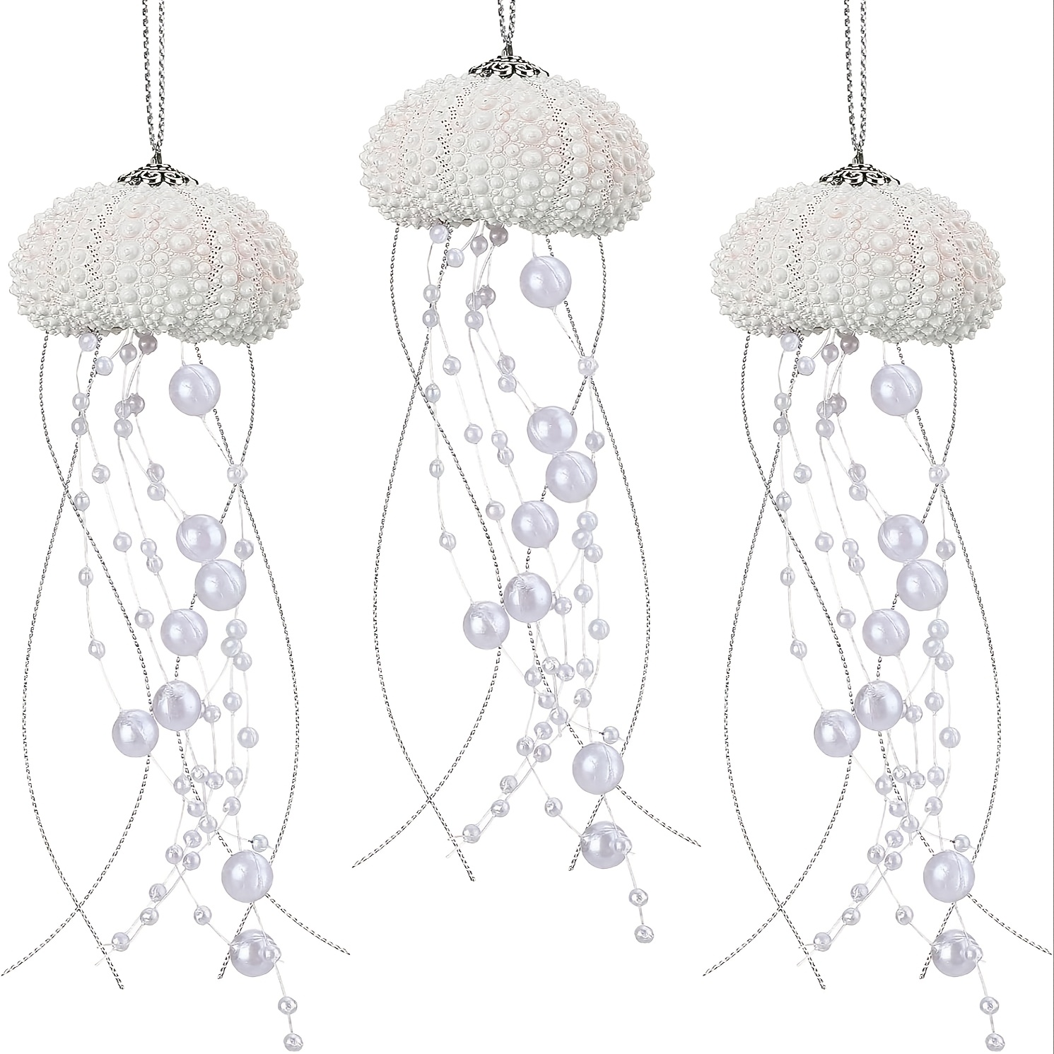 Image of 3pcs, Jellyfish Christmas Ornament Coastal Beaded Beach Theme Holiday Decor Hanging Jellyfish Decoration With Crystal And Ribbon, Valentine's Day Decor, Wedding