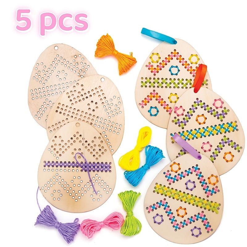 

5pcs Wooden Egg Diy Kit, Easter Egg Weaving Craft Set With Yarn, Handmade Hanging Ornaments For Easter Party Activities