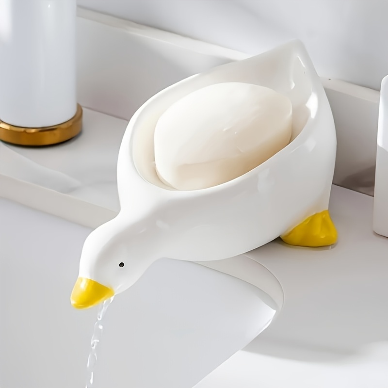 TEMU Duck Shaped Self Draining Soap Dish With Oval Tray - White And Yellow Bathroom Accessory, Durable Plastic Quick Drying Soap Holder And Support