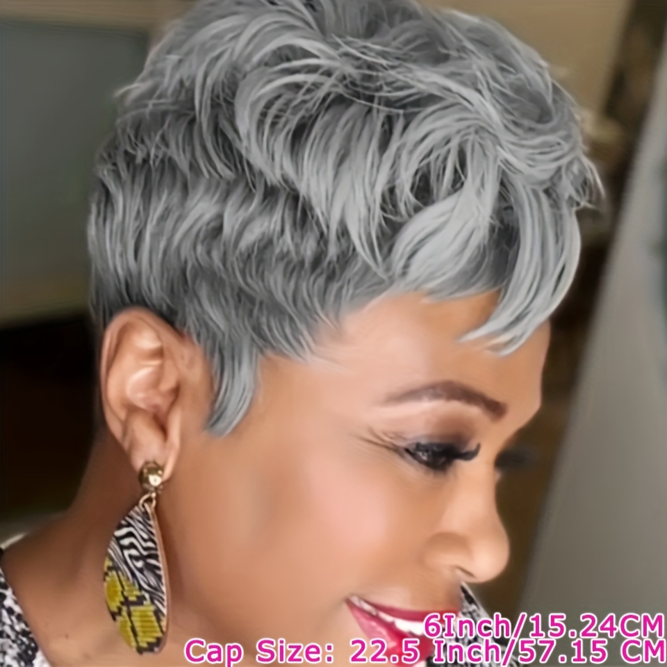 TEMU 180% Density 6-inch Short Cut Human Hair Wig For Women - Non-lace , Glueless Premium Hairpiece, Gray Cut Wig For Daily Party & Vacation & Cosplay