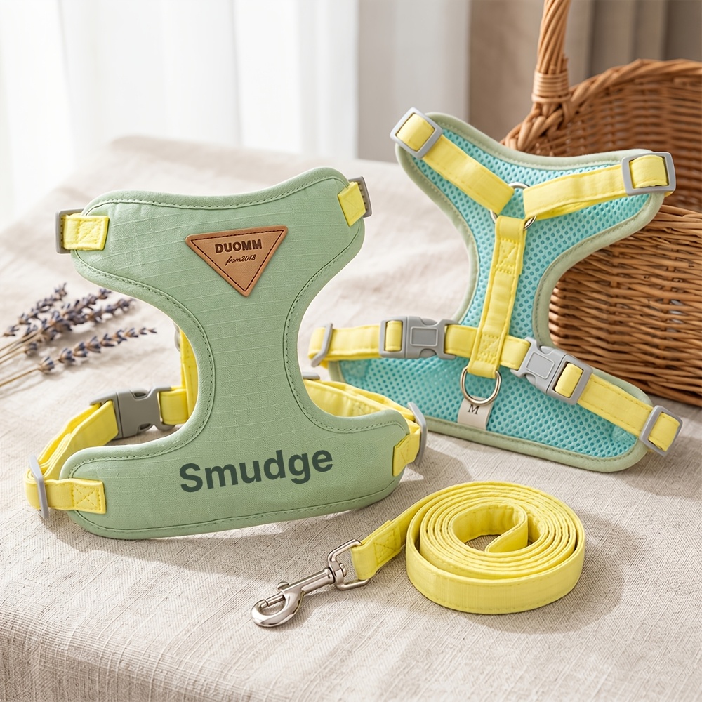 TEMU Personalized Name Pet Harness And Leash Set - Custom Printed, Protective Anti-tugging Dog Vest, Breathable Chest Protection, Soft And Durable