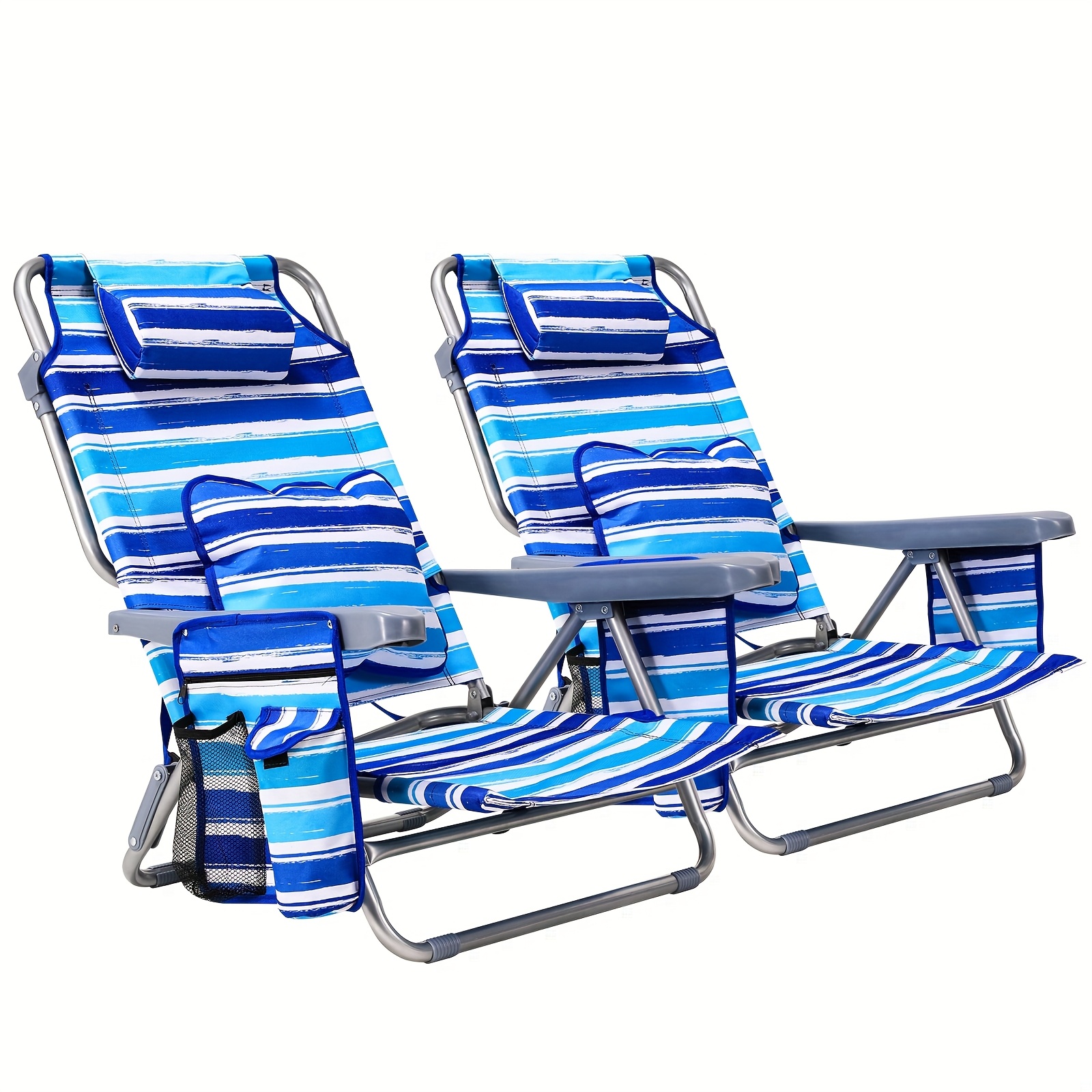 Image of Portable Beach Chair, Folding Outdoor Seat, 4 Level Adjustable Backrest With Armrest/storage Bag/lumbar/headrest Cushions, Breathable And Comfortable Fabric, Load 140kg