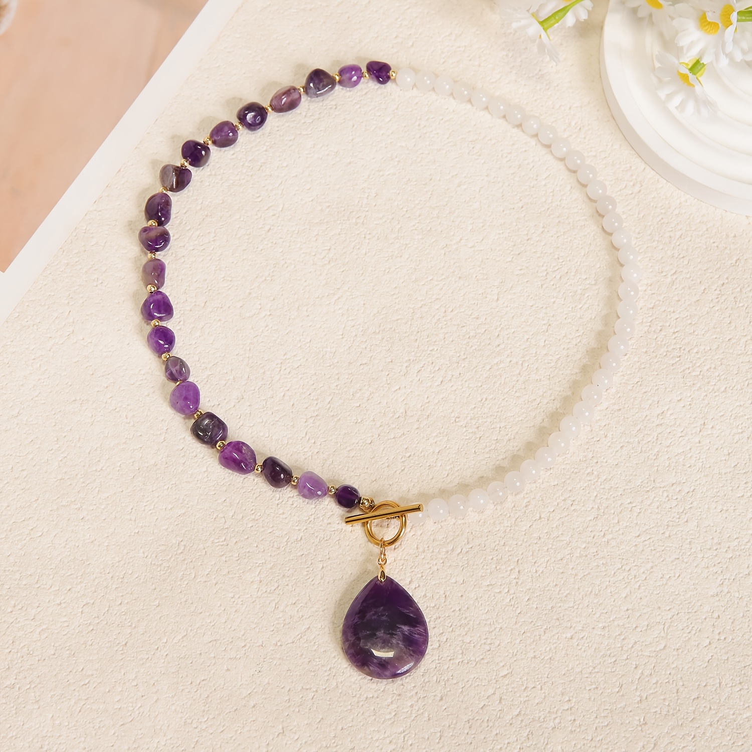 Women's Bohemian Two-Tone Natural Stone Necklace with Amethyst Pendant