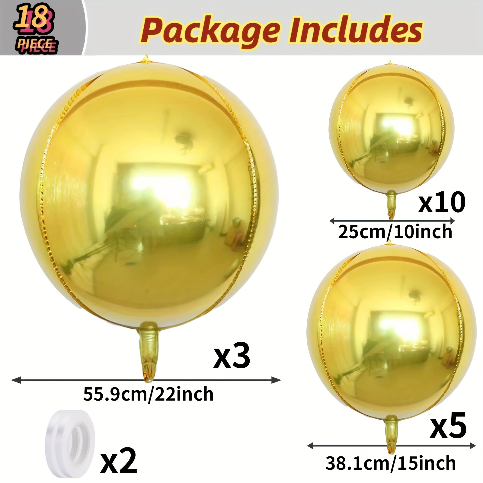 Image of 18pcs Of 4d Round Aluminum Foil Balloons - Sparkling Balloons, 360 Degree Balloons, Metal Balloons, Golden Balloons, Aluminum Foil - Summer Pool Party Decoration, Photography Props/ Photos