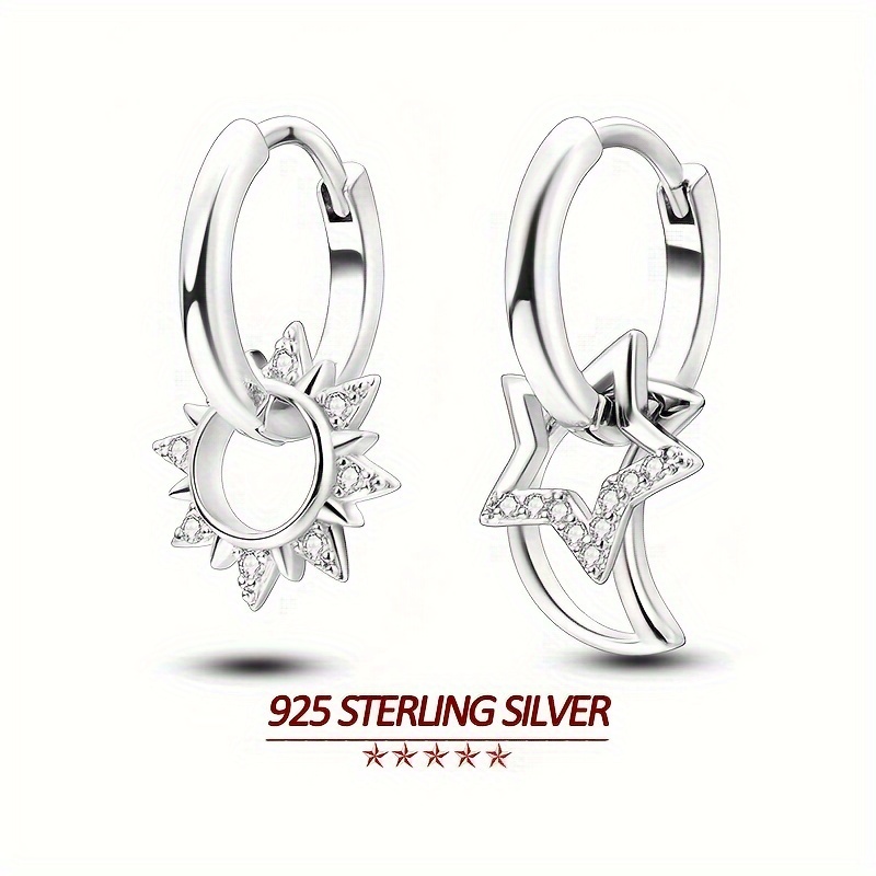 

925 Sterling Silver Hoop Earrings, Asymmetrical Star And Moon Design With Zircon Inlay, Elegant Hypoallergenic Ladies Jewelry, Luxurious Gifts For Women