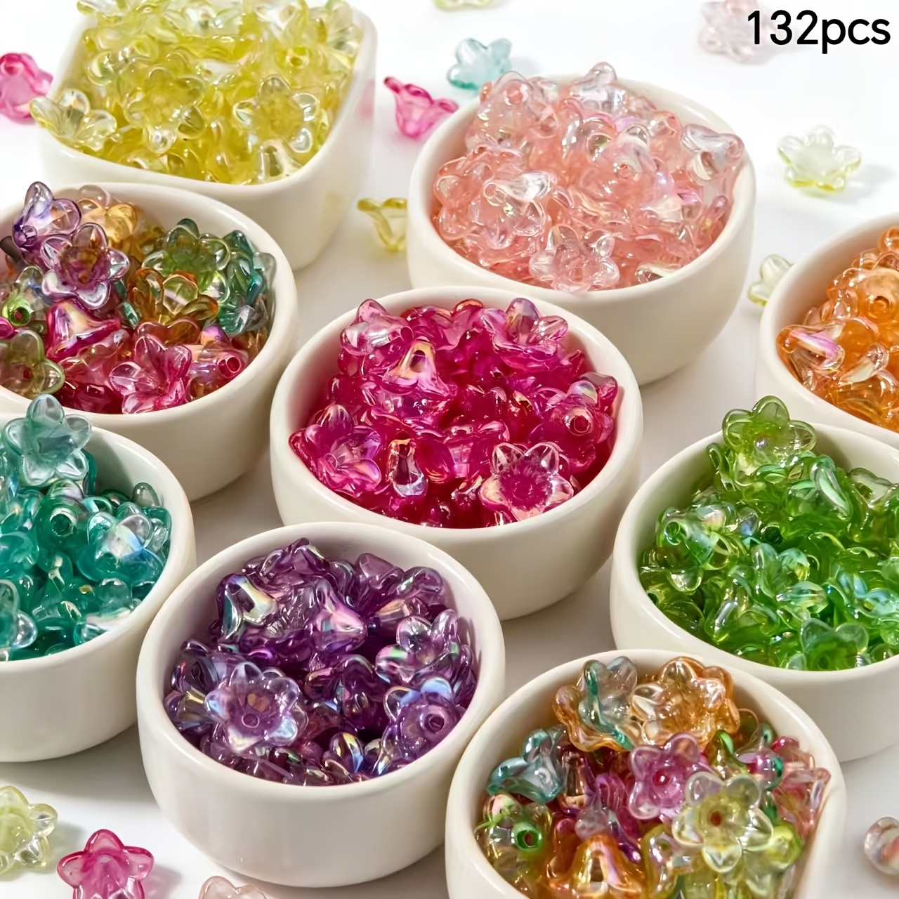 TEMU 132 pièces Pétales de perforés de fleur irisés AB de 12 mm en acrylique, accessoires de bijoux pour et bracelets, adaptés pour la fabrication de