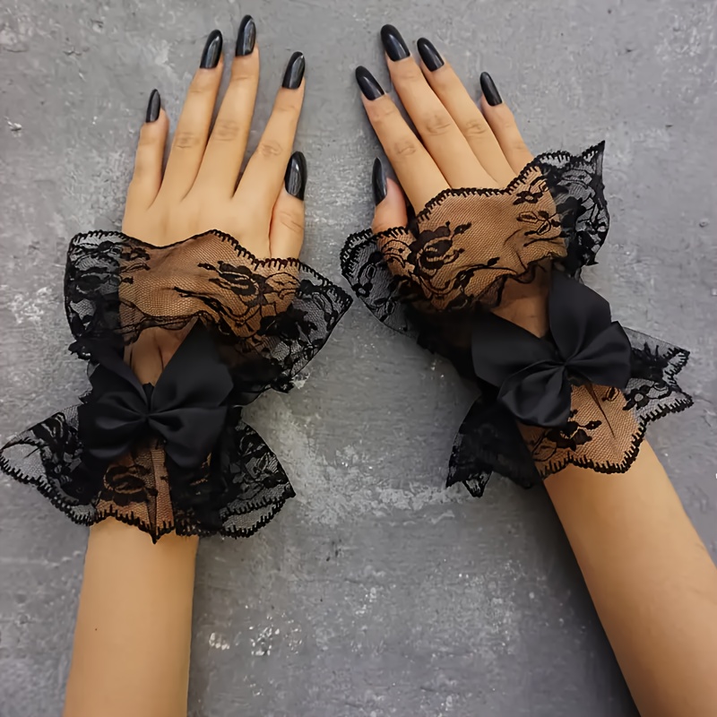 TEMU Manchons à nœud en dentelle noire - Style Y2K polyvalent, parfaits pour et les fêtes, non élastiques, lavables à , accessoires de fête | Détails
