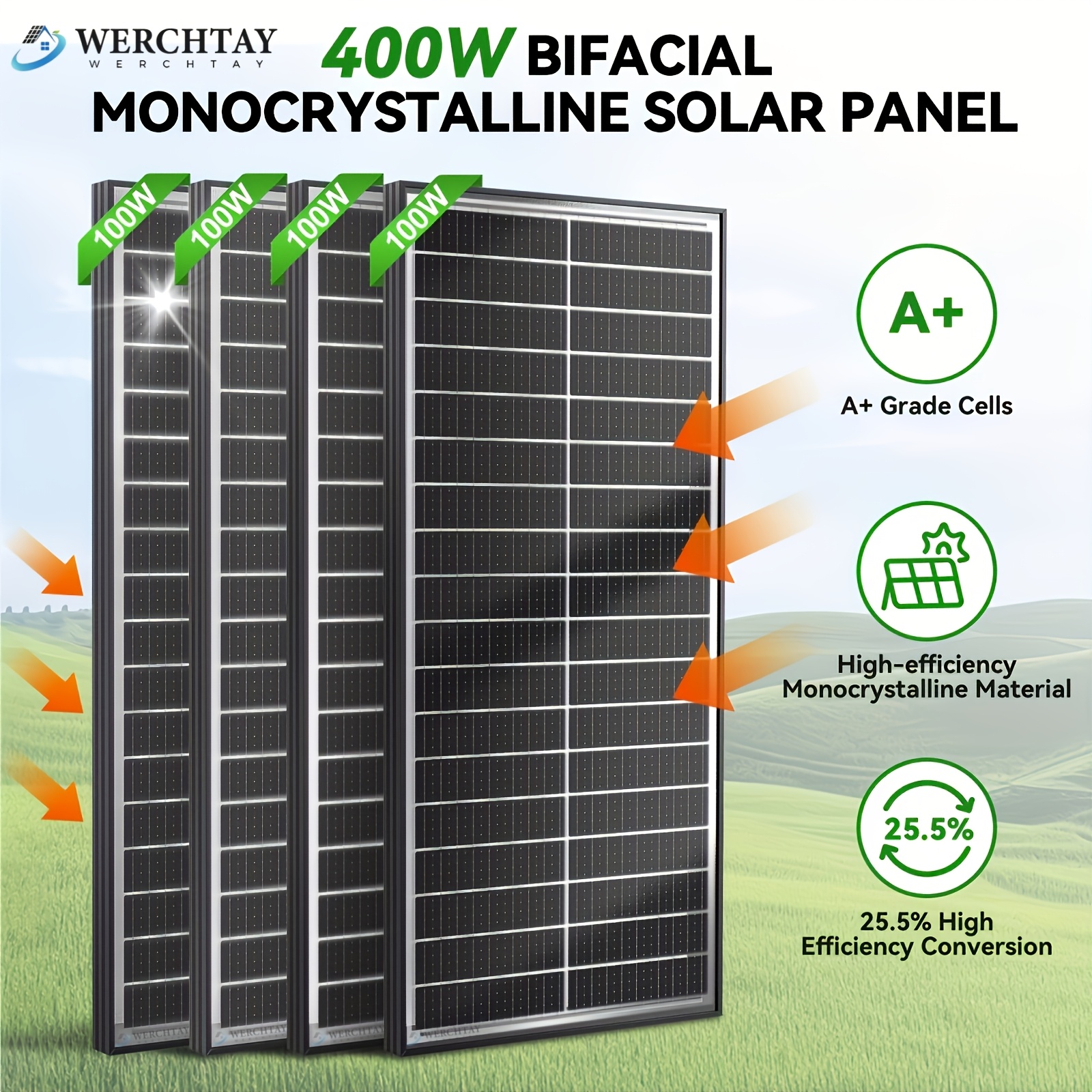 TEMU Werchtay Bifacial 400w Solar Panels 4pcs 100w High-efficiency Monocrystalline 12v Double Sided Solar Systems Rv Marine Rooftop Farm Battery And