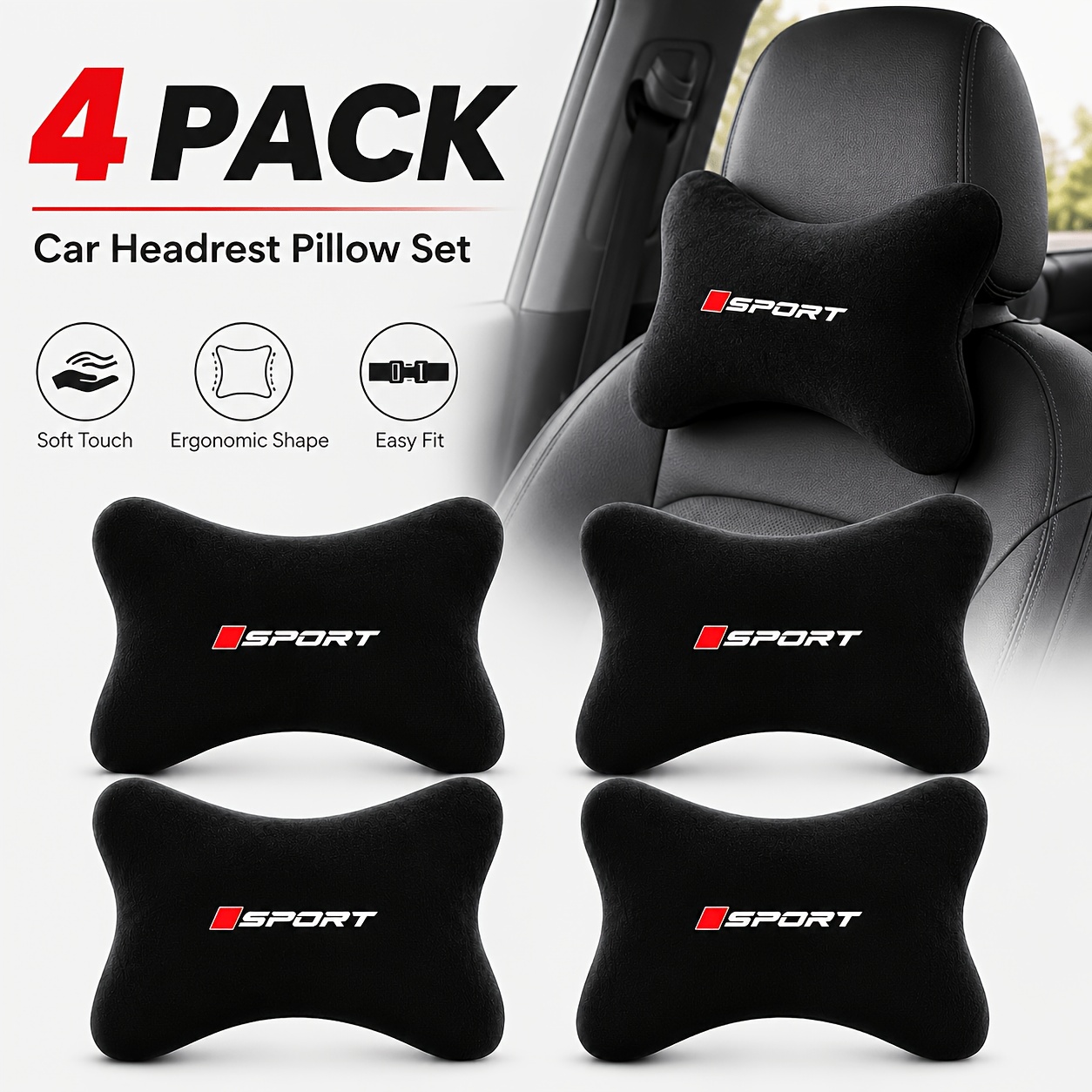TEMU 4pcs Sporty Style Car Seat Headrests - Soft Plush Material, Breathable And Comfortable Neck Support, Universal Fit For Car Models