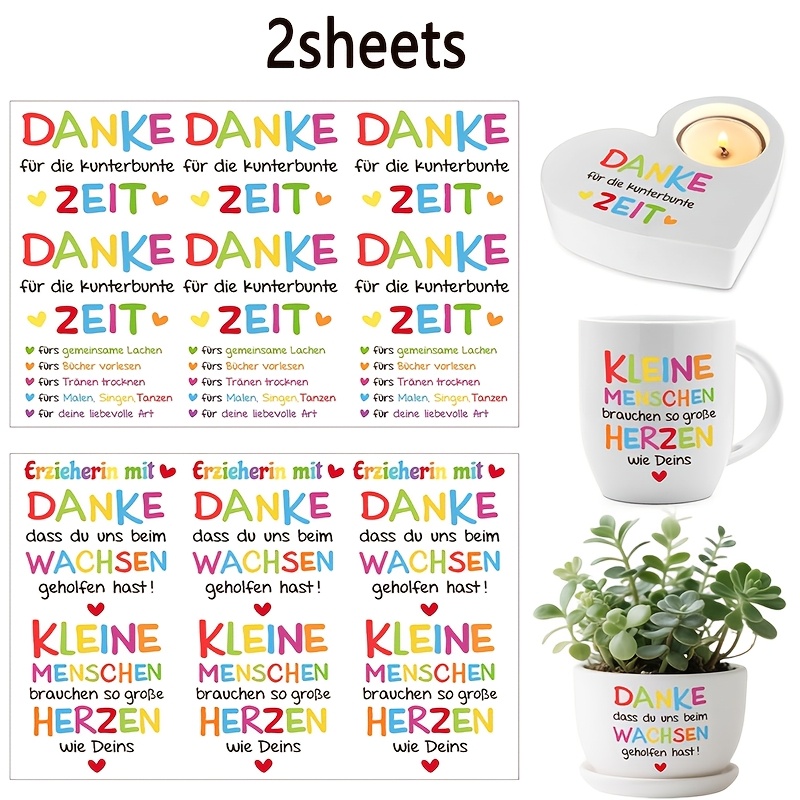 Image of 2-pack German "danke" Series Uv Dtf Transfer Stickers, Teacher Thank You Stickers, " Full ," Warm And Grateful Style , Colorful Heart-shaped Thank You Creative Stickers, Suitable For Teacher's Day