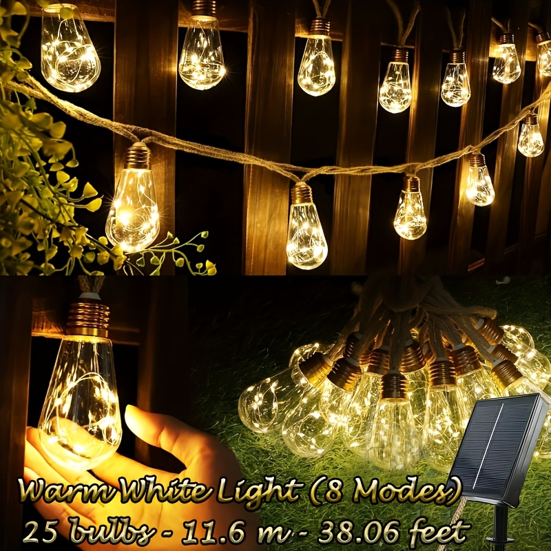 E-shop 25-Licht Solar Jute Lichterkette 25/16/10-Licht Outdoor Beleuchtungskette 8 Beleuchtungsmodi Ideal für Hängedekorationen in Höfen, Veranden,