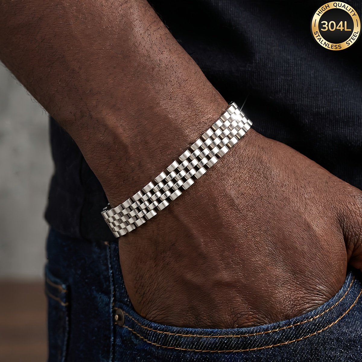 TEMU Men's Watch Strap, 304l Stainless Steel Chain Bracelet, Men's Jewelry Gift, Men's Personal Adornment, For Male , Fathers