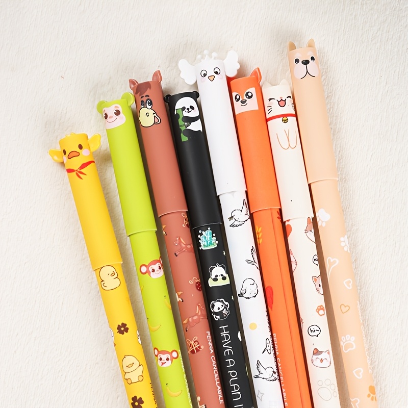 TEMU Nouveau ensemble de 8 stylos effaçables, Chat, Chien, Oiseau, Canard, , Renard, Panda, Âne, Encre de couleur, Écriture fluide, Effaçable, Idéal