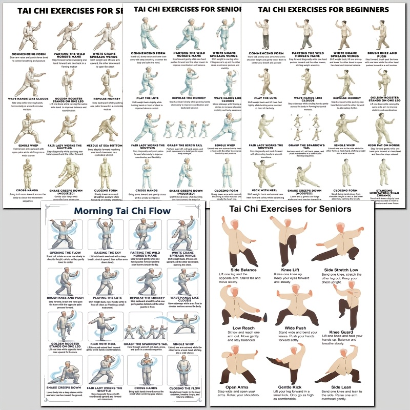5 plakatov za vadbo Tai Chi, jutranja vadba in tabela Tai Chi za začetnike, vadba Tai Chi za starejše, vodnik po državi za vadbo Tai Chi boks za