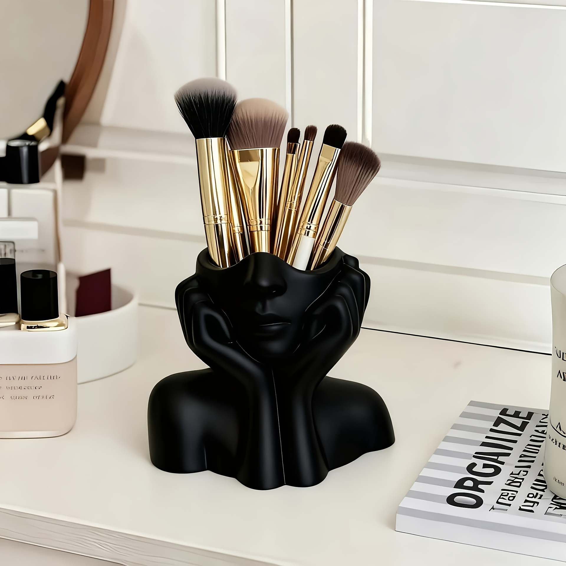TEMU Organisateur de pinceaux de maquillage 1 pièce - Boîte de rangement de coiffeuse avec fentes pour pinceaux de maquillage, contient des