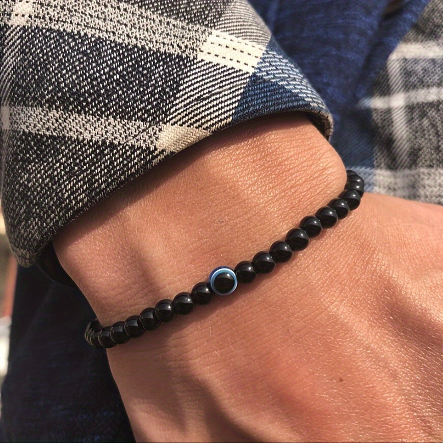 Image of 1 Devil' Eye Bead Stone Elastic Bracelet With & - -free Resin Beads For Parties, For Holidays, Wear, Gift For Saint Day, Valentine', Mardi Gras - Casual Elastic Cord