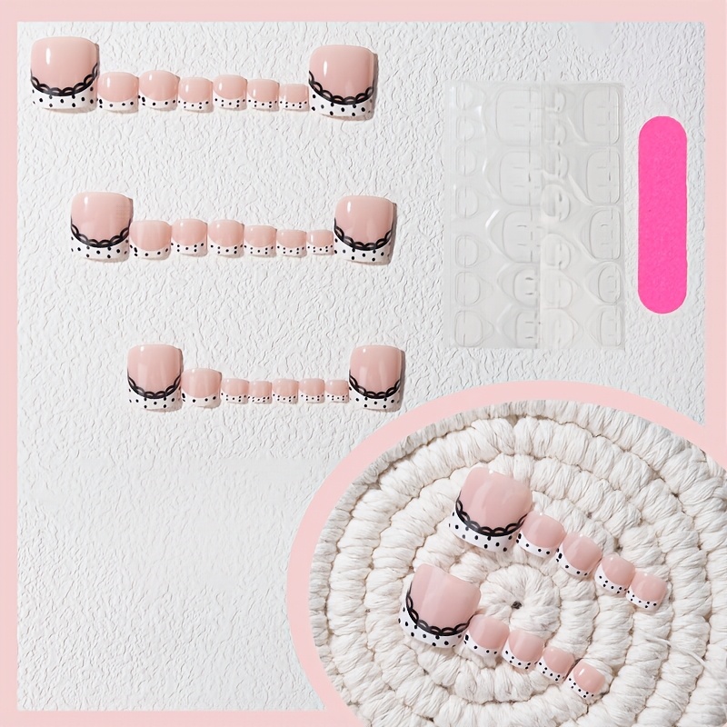 TEMU 24pcs Nude With Black Polka Dots And Lace Trim Short Square Press-on Toe Nails - Includes 1pc Jelly Glue And 1pc Nail File, Suitable For Holiday