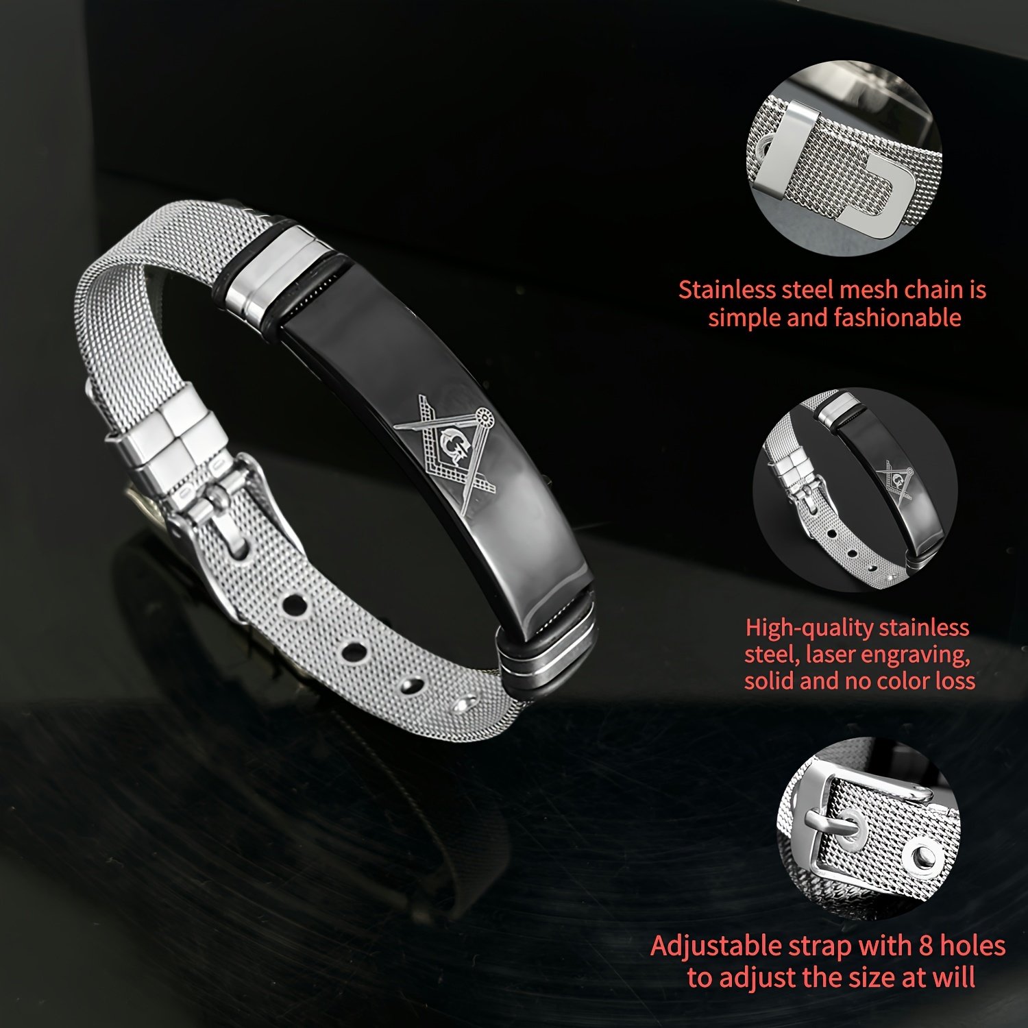 Men's Adjustable Stainless Steel Bracelet with Masonic Symbol