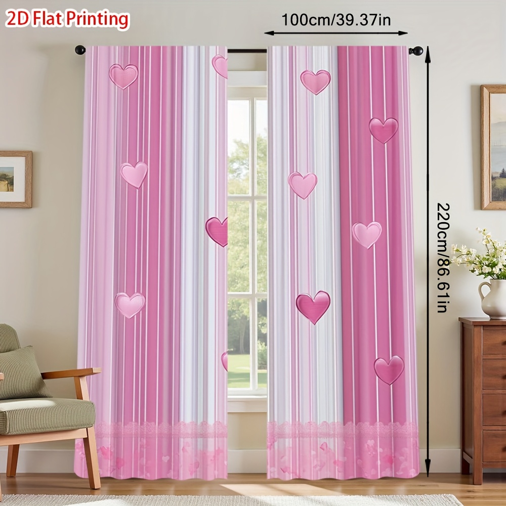 TEMU Cortinas 2D - 2 piezas de cortinas con diseño de bolsillo para barra con de corazones rosas planos 2D - Decoración de habitación, ideal para