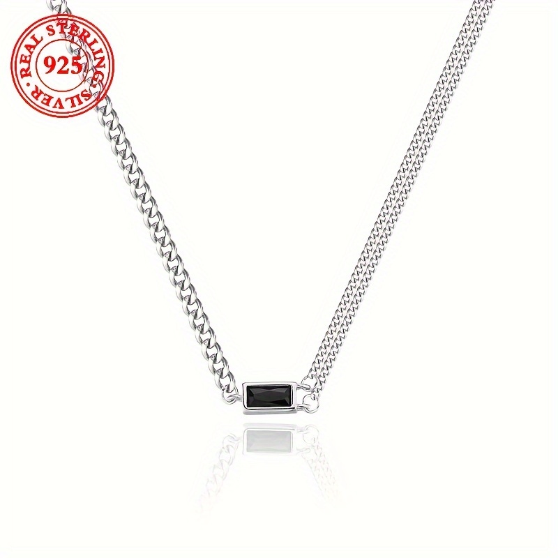 

1pc Collier Vintage Simple en Argent Sterling 925, Chaîne Asymétrique Carrée Noire à Double Couche, avec Synthétique, pour une Tenue Quotidienne et Vacances, Pierre de